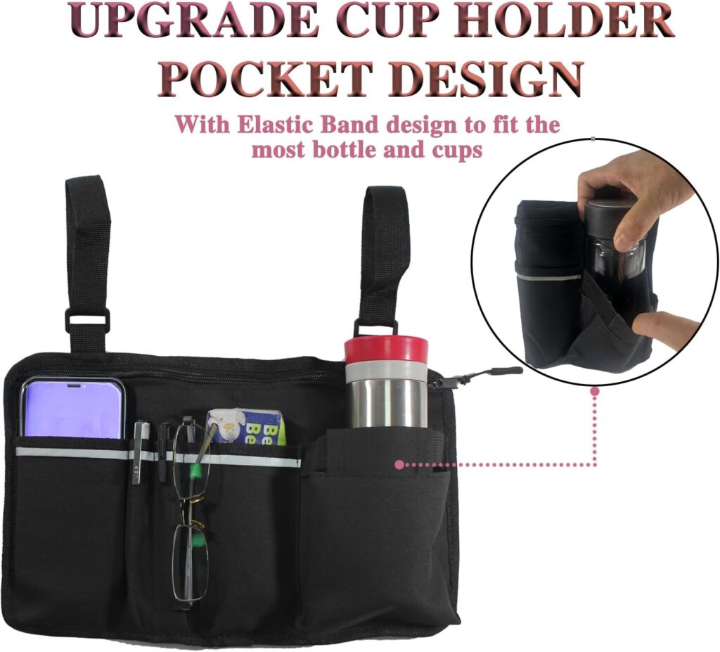 EVEME Wheelchair Side Bag with Cup Holder,Wheelchair Storage Pouch,Wheelchair Pouch Bag,Armrest Accessories for Wheelchair,Rollator,Scooter,Wheelchair Clip on Cup Holder