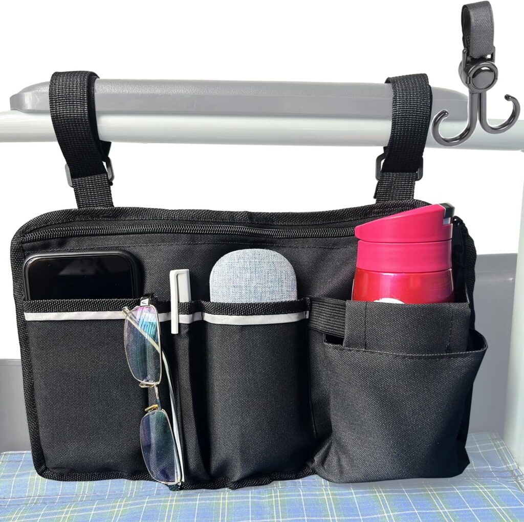 EVEME Wheelchair Side Bag with Cup Holder,Wheelchair Storage Pouch,Wheelchair Pouch Bag,Armrest Accessories for Wheelchair,Rollator,Scooter,Wheelchair Clip on Cup Holder