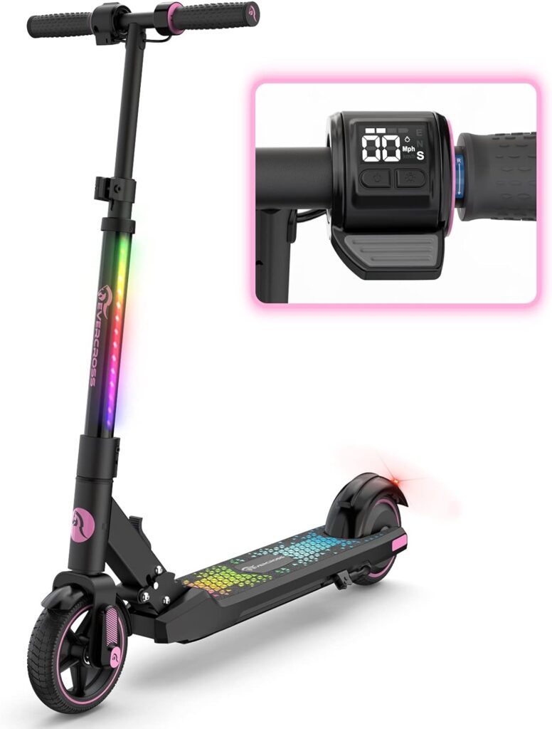 EVERCROSS EV06C Electric Scooter, Foldable Electric Scooter for Kids Ages 6-12, Up to 9.3 MPH  5 Miles, LED Display, Colorful LED Lights, Lightweight Kids Electric Scooter