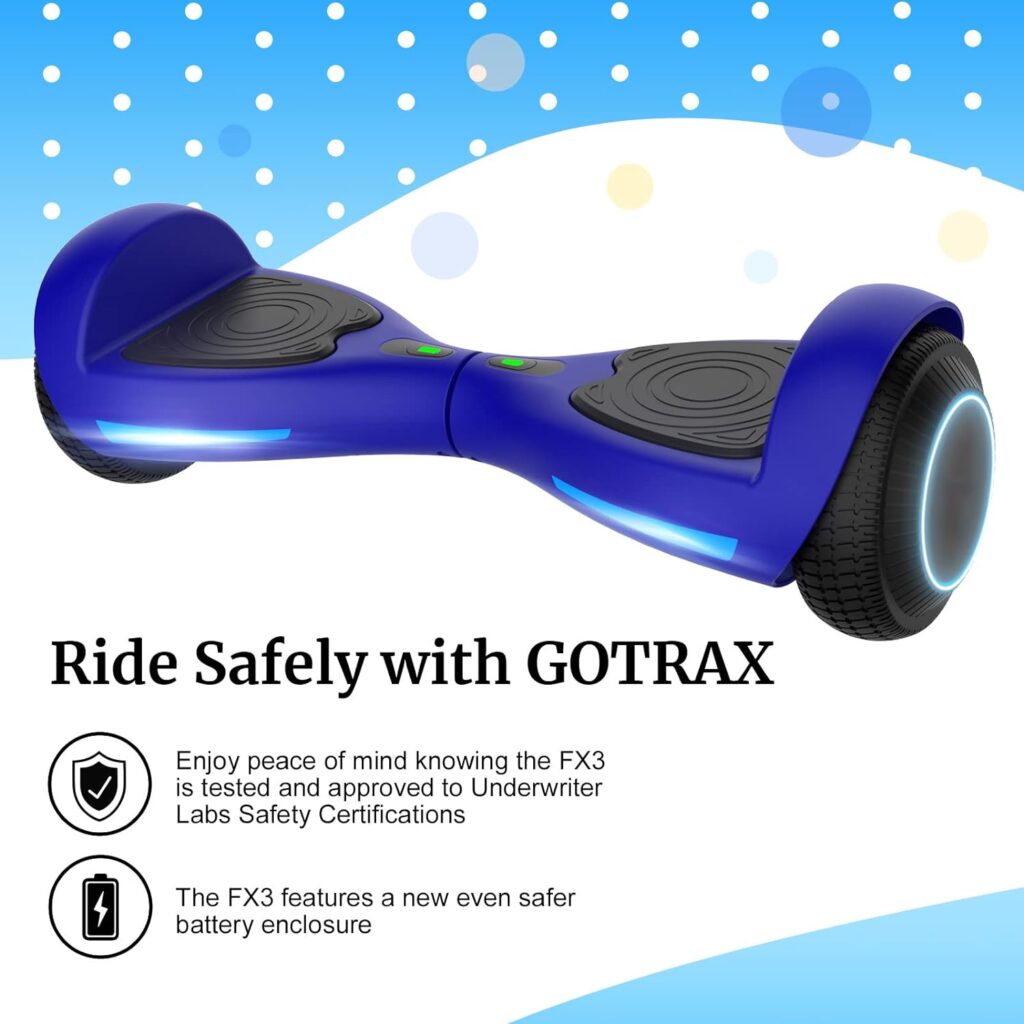 Fluxx FX3 Hoverboard with 6.5 LED Wheels  Headlight, Max 3.1Miles Range  6.2mph Power by 200W Motor, UL2272 Certified Approved and 50.4Wh Battery Self Balancing Scooters for 44-176lbs Kids Adults (Blue)