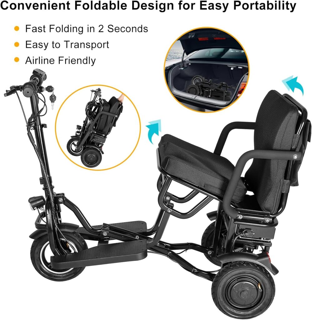 Folding 3-Wheel Electric Powered Mobility Scooter Portable Lightweight Mobile Scooters for Seniors  Adults, 10Ah Lithium Battery, Long Range 20 Miles, 3+1 Speed Mode, Max Load of 300lbs