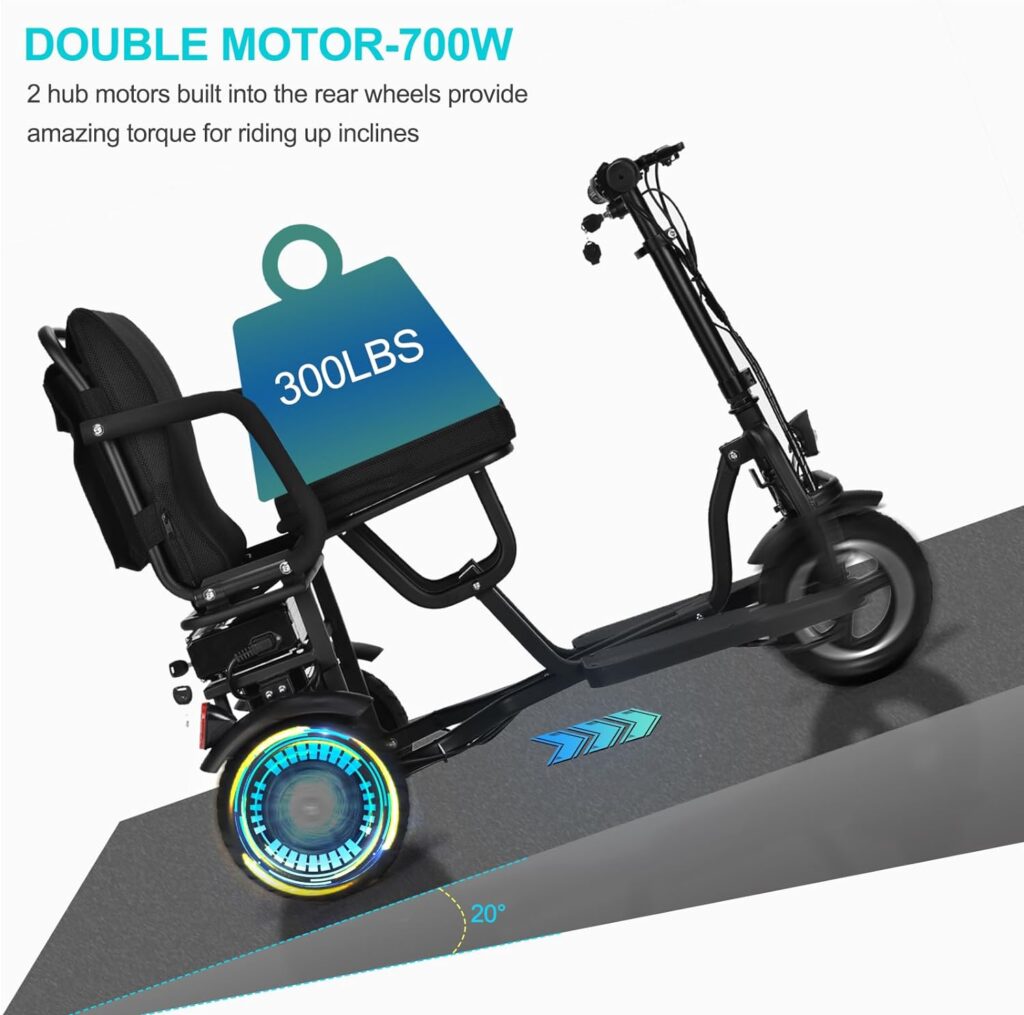 Folding 3-Wheel Electric Powered Mobility Scooter Portable Lightweight Mobile Scooters for Seniors  Adults, 10Ah Lithium Battery, Long Range 20 Miles, 3+1 Speed Mode, Max Load of 300lbs