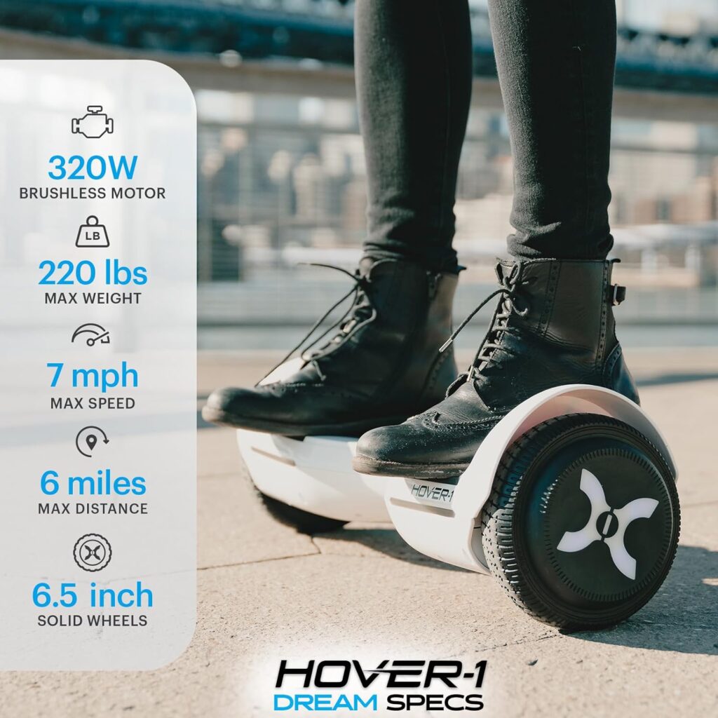 Hover-1 Dream Electric Hoverboard | 7MPH Top Speed, 6 Mile Range, Long Lasting Lithium-Ion Battery, 5HR Full Charge, Rider Modes: Beginner to Expert