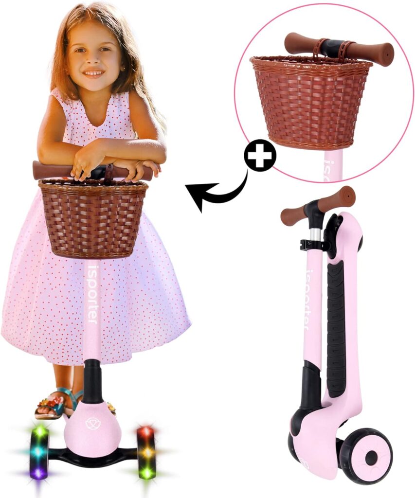 iSporter 3 Wheel Toddler Scooter for Kids Ages 3-5, Scooters for Toddlers 2-5 Year Old Boys and Girls, with LED Light up Wheels, Basket, Lean to Steer, Foldable and Height Adjustable