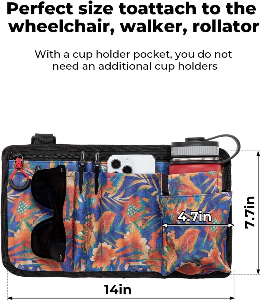 ISSYAUTO Wheelchair Side Bag, Walker Pouch Bag with Cup Holder, Wheelchair Armrest Accessories for Walker, Rollator, Electric Scooter Wheelchairs, Ideal Gift for Mothers Day  Fathers Day (Red)