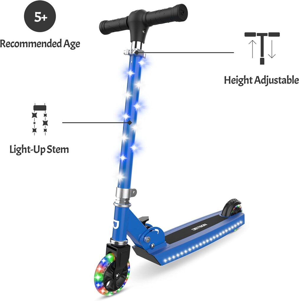 Jetson Scooters - Jupiter Kick Scooter - Collapsible Portable Kids Push Scooter - Lightweight Folding Design with High Visibility RGB Light Up LEDs on Stem, Wheels, and Deck