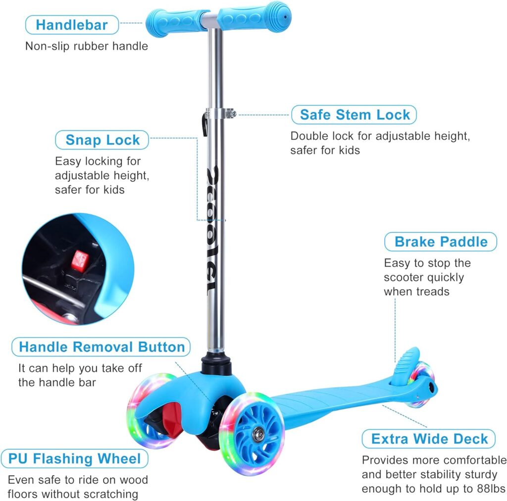 Kick Scooter for Kids, Wheel with Brake, Adjustable Height Handlebar, Foldable, Lightweight, Aged 3-10, Wide Standing Board, and up to 110LBS