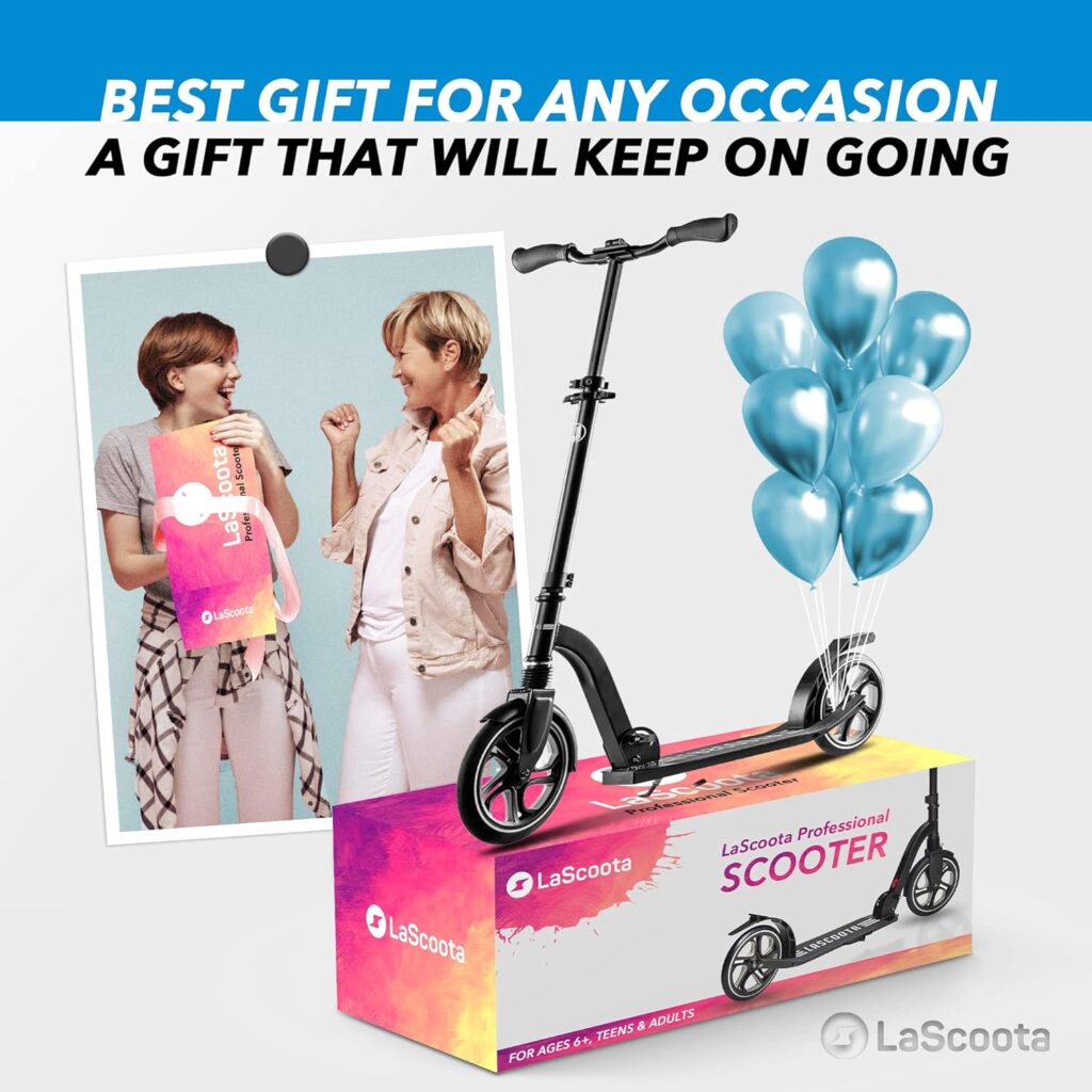 LaScoota Kick Scooter for Kids Ages 6+, Teens  Adults, Lightweight, Big Sturdy Urethane Wheels. Adjustable Handlebar, Foldable Scooter for Indoor  Outdoor, Great Gift  Toy