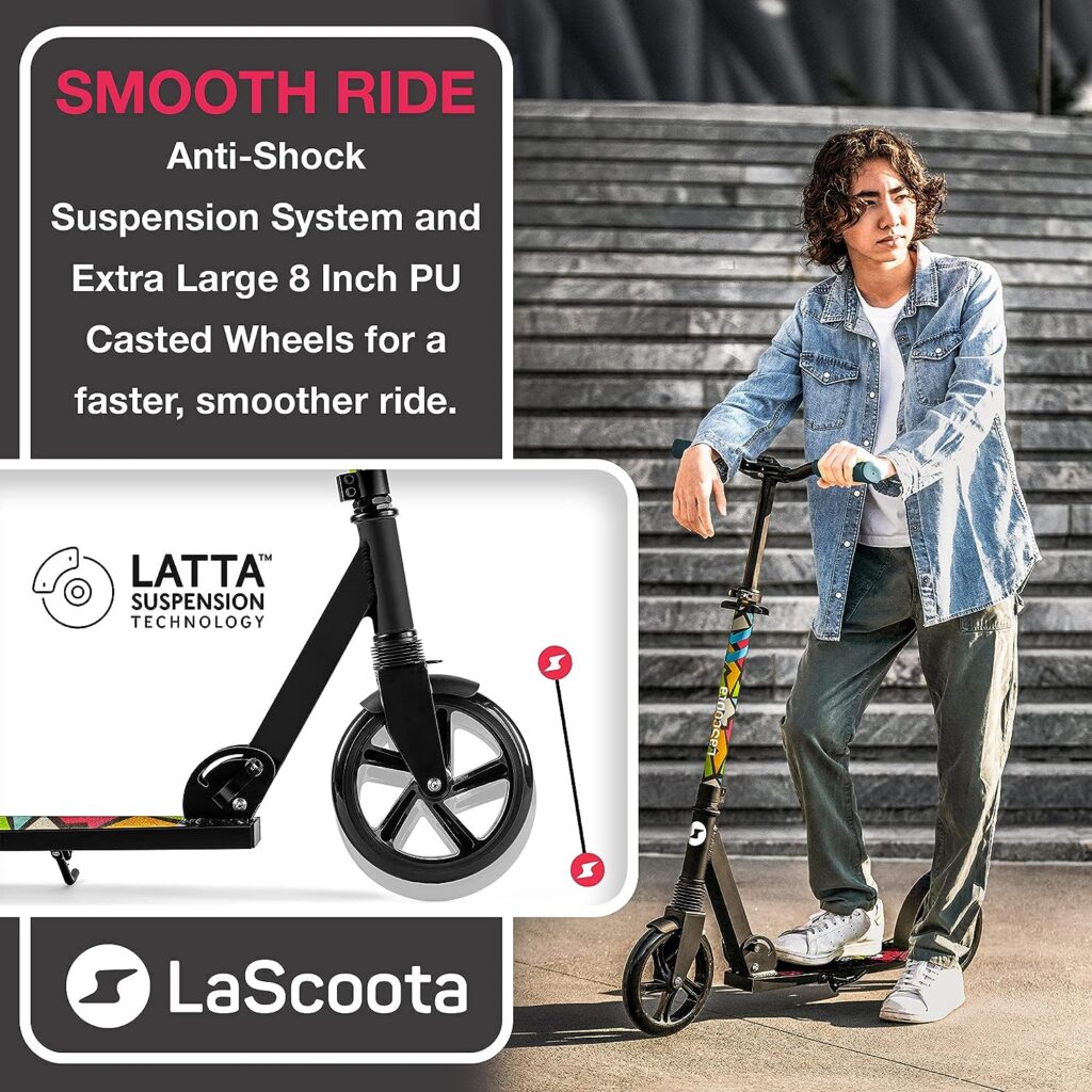 LaScoota Kick Scooter for Kids Ages 6+, Teens  Adults, Lightweight, Big Sturdy Urethane Wheels. Adjustable Handlebar, Foldable Scooter for Indoor  Outdoor, Great Gift  Toy