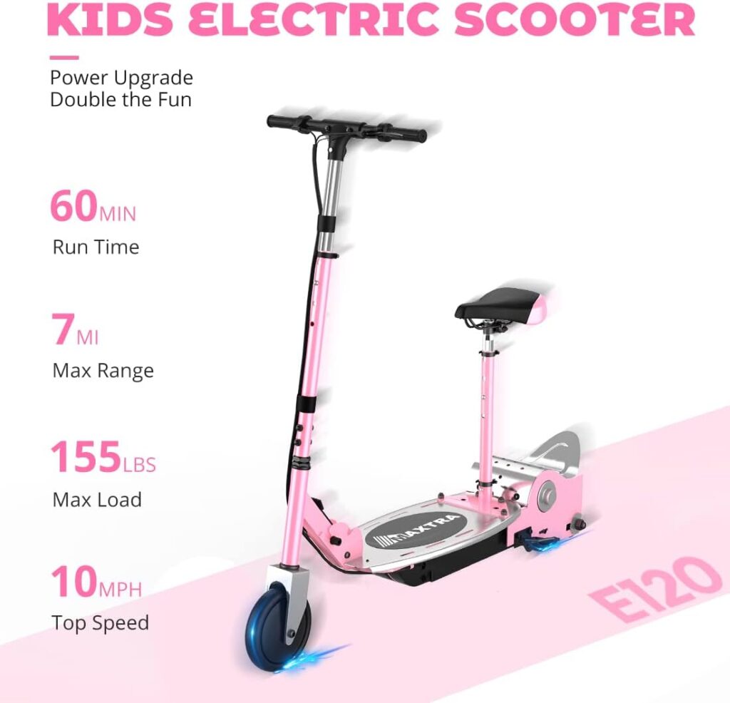 MAXTRA E120 Electric Scooter with Seat for Kids Ages 6-12, 60 Mins Long Battery Life, Removable Seat 2 Riding Styles, 155LBS Max Load