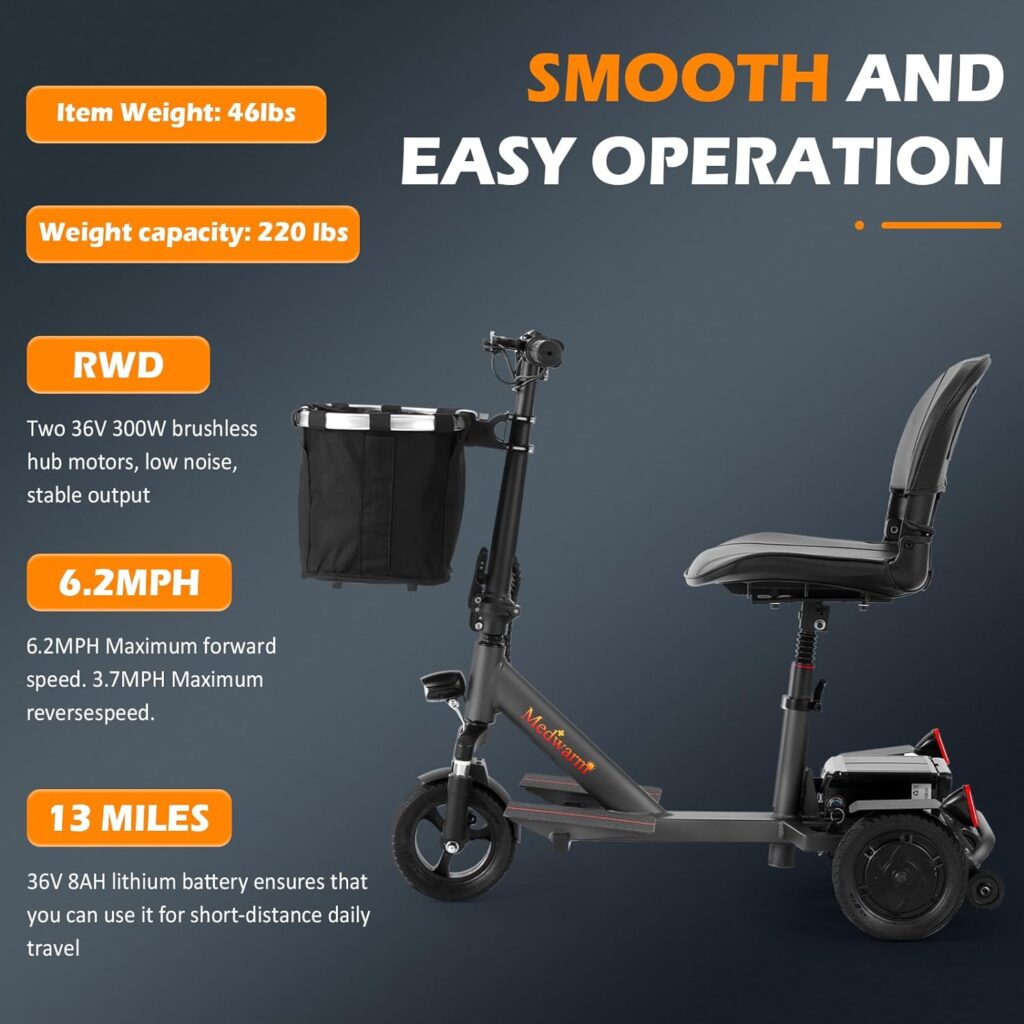 Medwarm 3 Wheel Mobility Scooter, Electric Powered Scooter for Adults  Seniors, Folding and Compact Duty Scooter for Travel with Charge, Basket and Lights