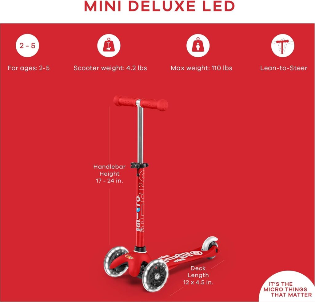 Micro Kickboard - Mini Deluxe LED 3-Wheeled, Lean-to-Steer, Swiss-Designed Micro Scooter for Preschool Kids with LED Light-up Wheels, Ages 2-5