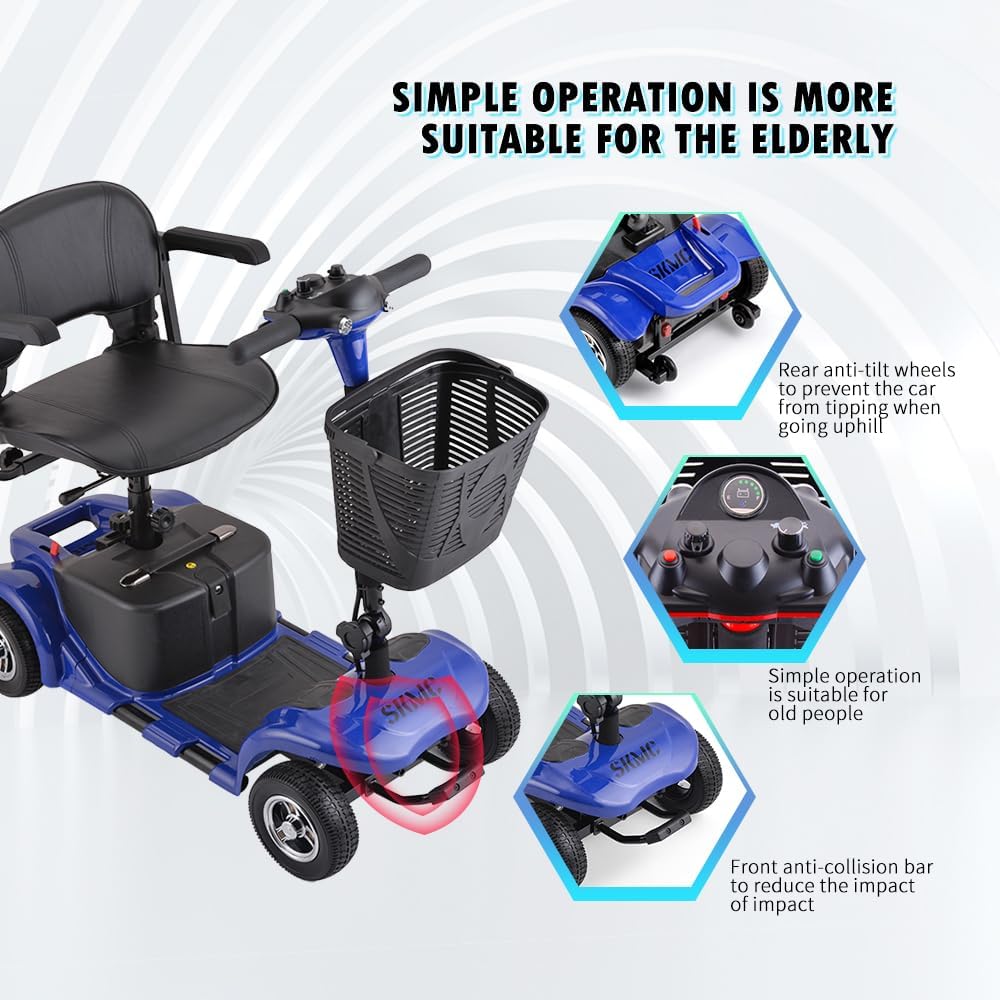Mobility Scooter for Adults, Senior, Skmc 4 Wheels Electric Powered Chargeable Device for Travel, Lightweight and Portable, with LED Headlights and Basket, Charger Included, Red/Blue (Blue)