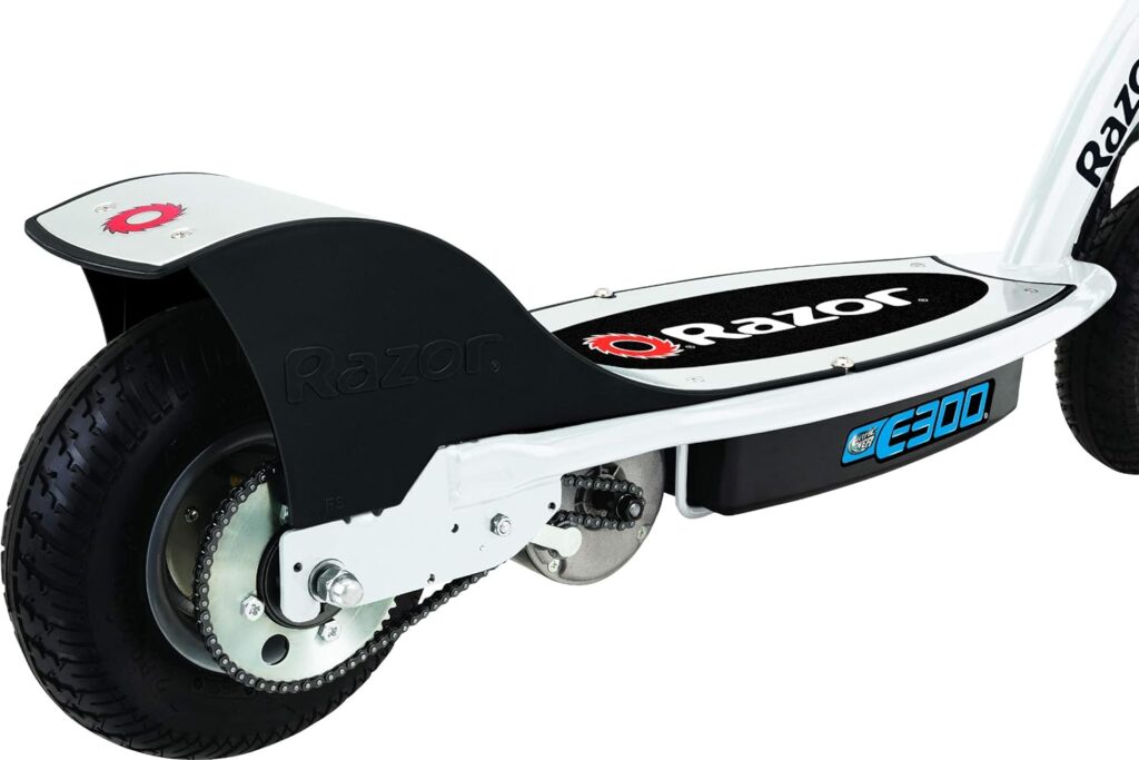 Razor E300 Electric Scooter - 9 Air-filled Tires, Up to 15 mph and 10 Miles Range, White/Blue