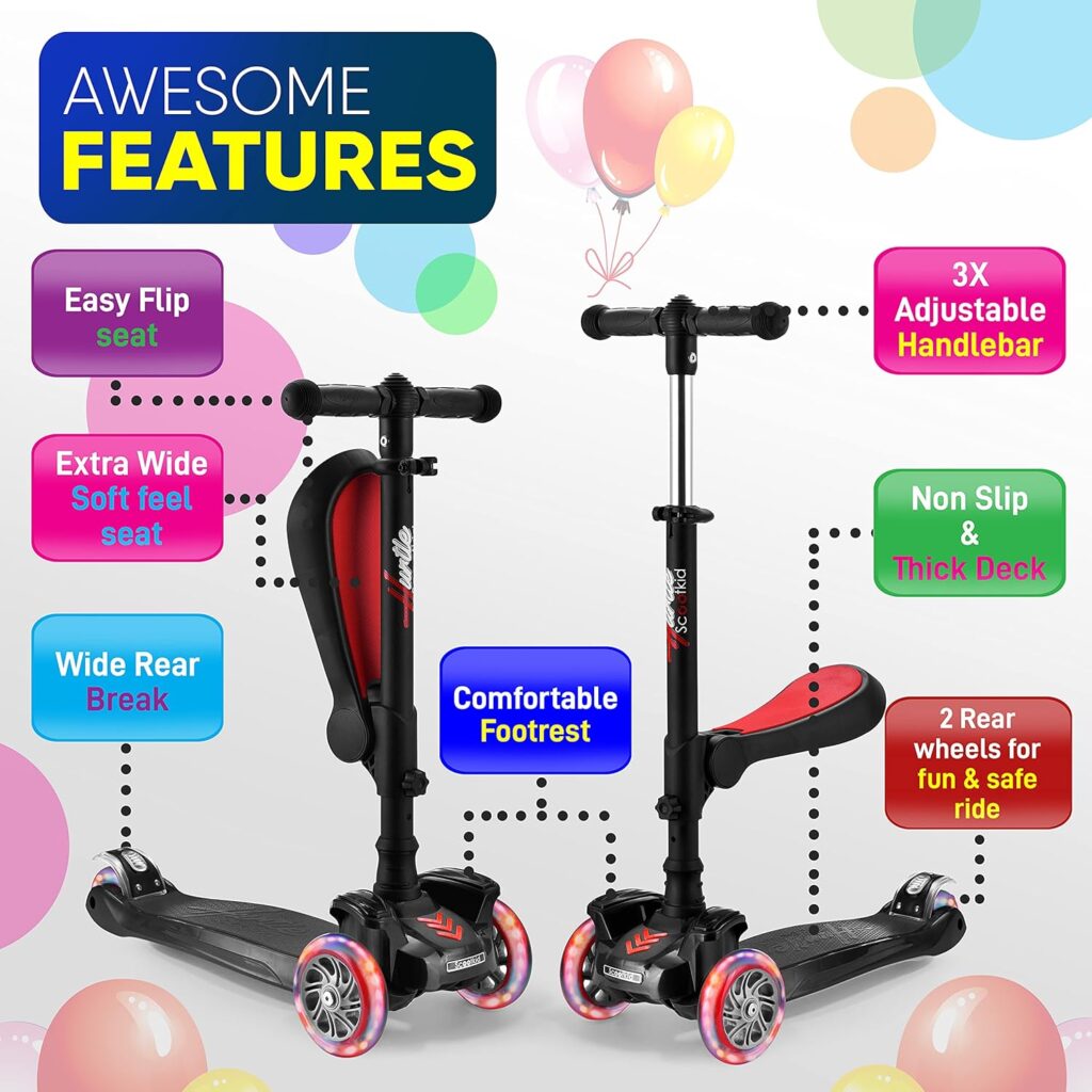 Scooter for Kids - Stand  Cruise Child/Toddlers Toy Folding Kick Scooters w/Adjustable Height, Anti-Slip Deck, Flashing Wheel Lights, for Boys/Girls 2-12 Year Old - Hurtle