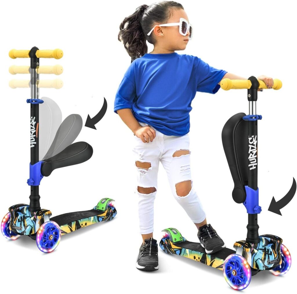 Scooter for Kids - Stand  Cruise Child/Toddlers Toy Folding Kick Scooters w/Adjustable Height, Anti-Slip Deck, Flashing Wheel Lights, for Boys/Girls 2-12 Year Old - Hurtle