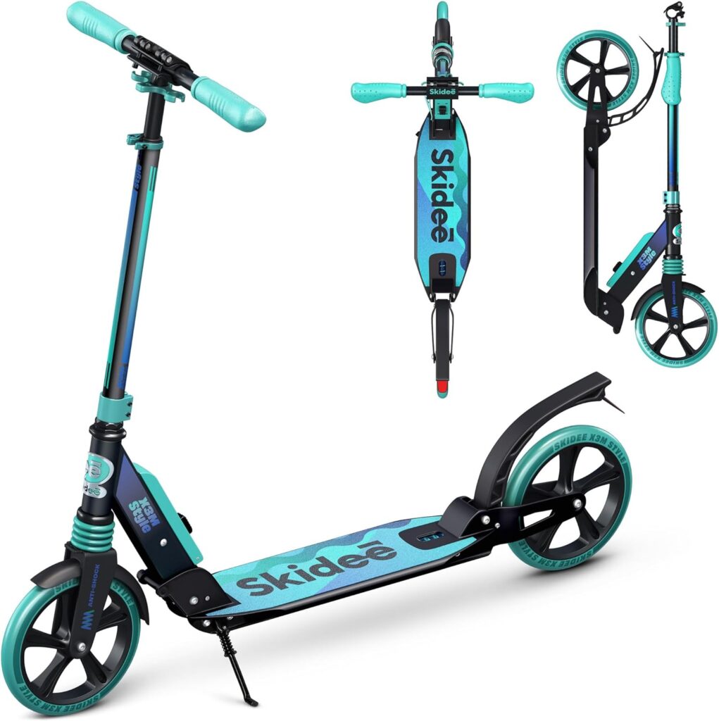 Skidee Scooter for Adults and Teens – Adjustable Height, Kids Scooter, Folding Scooter, Large Sturdy Wheels for Smooth Ride, Lightweight, Durable, Anti-Shock Suspension, Outdoor Toys, up to 220 lbs