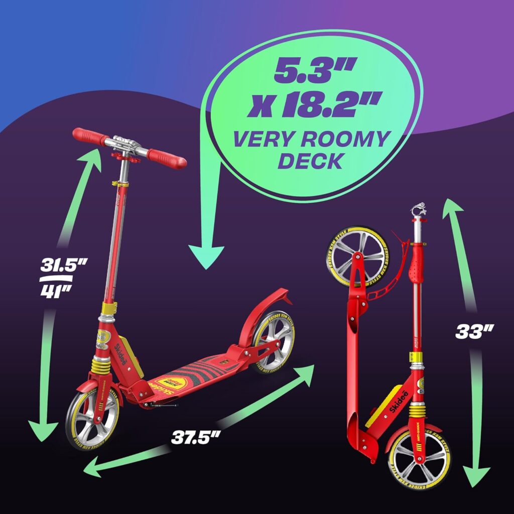 Skidee Scooter for Adults and Teens – Adjustable Height, Kids Scooter, Folding Scooter, Large Sturdy Wheels for Smooth Ride, Lightweight, Durable, Anti-Shock Suspension, Outdoor Toys, up to 220 lbs