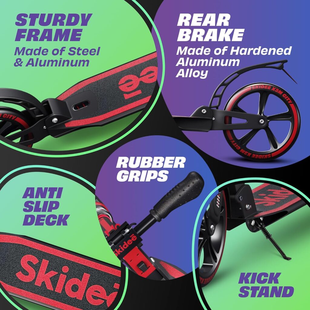 Skidee Scooter for Adults and Teens – Adjustable Height, Kids Scooter, Folding Scooter, Large Sturdy Wheels for Smooth Ride, Lightweight, Durable, Anti-Shock Suspension, Outdoor Toys, up to 220 lbs