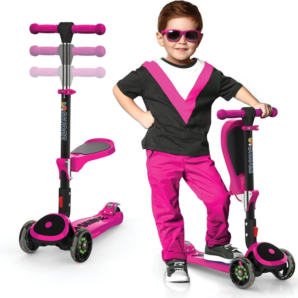 Skidee Toddler Scooter –Kids Scooter, LED 3 Wheel Scooter, Adjustable Handles, Rear Brake, Durable, Foldable Seat, Folding Scooter, Outdoor Toys, Kick Scooters for Boys and Girls, Ages 3 and up