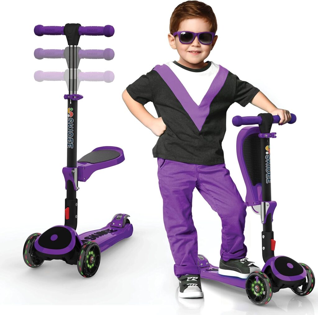 Skidee Toddler Scooter –Kids Scooter, LED 3 Wheel Scooter, Adjustable Handles, Rear Brake, Durable, Foldable Seat, Folding Scooter, Outdoor Toys, Kick Scooters for Boys and Girls, Ages 3 and up