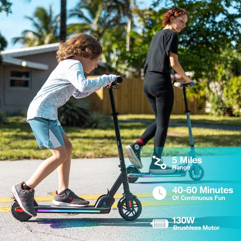 SmooSat PRO Electric Scooter for Kids Ages 8+, Colorful Rainbow Lights, 5/8/10 MPH, 60 min Ride Time, LED Display, Adjustable Height, Foldable E-Scooter for Kids and Teens