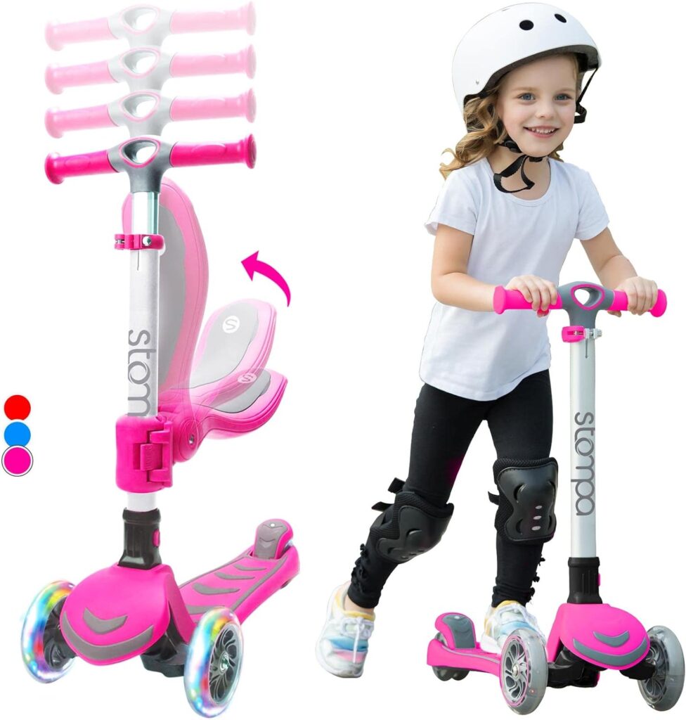 Stompa 2-in-1 Kick Kids Scooter, 3 Light Up Wheels, Adjustable Handlebar, Removable Foldable Seat, Anti-Slip Deck, Toddler Scooters for Girls  Boys Ages 3-8 Year Old
