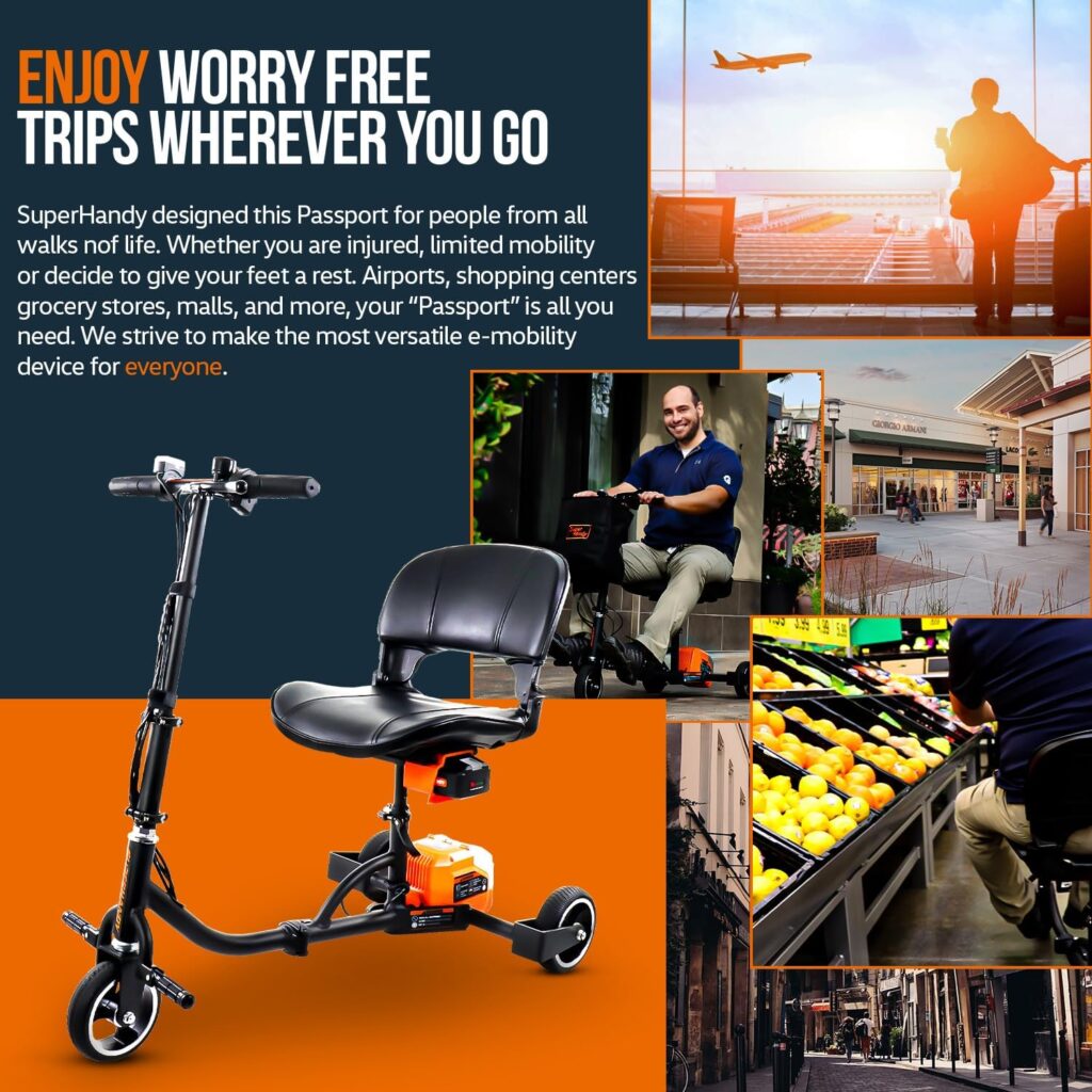 SuperHandy 3 Wheel Folding Mobility Scooter - Electric Powered, Lightest Available, Airline Friendly - Long Range Travel w/ 2 Detachable 48V Lithium-ion Batteries and Charger