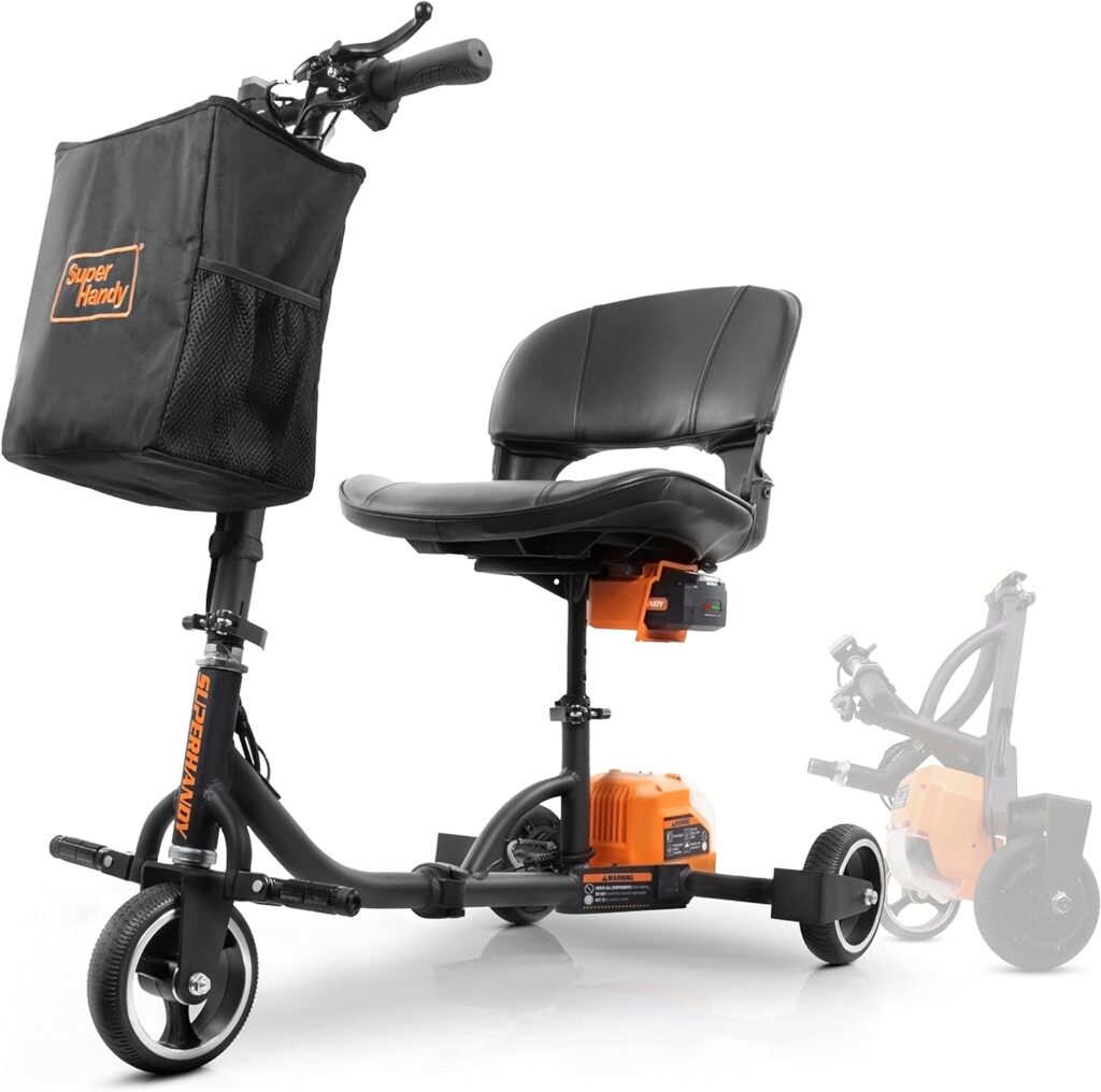 SuperHandy 3 Wheel Folding Mobility Scooter - Electric Powered, Lightest Available, Airline Friendly - Long Range Travel w/ 2 Detachable 48V Lithium-ion Batteries and Charger