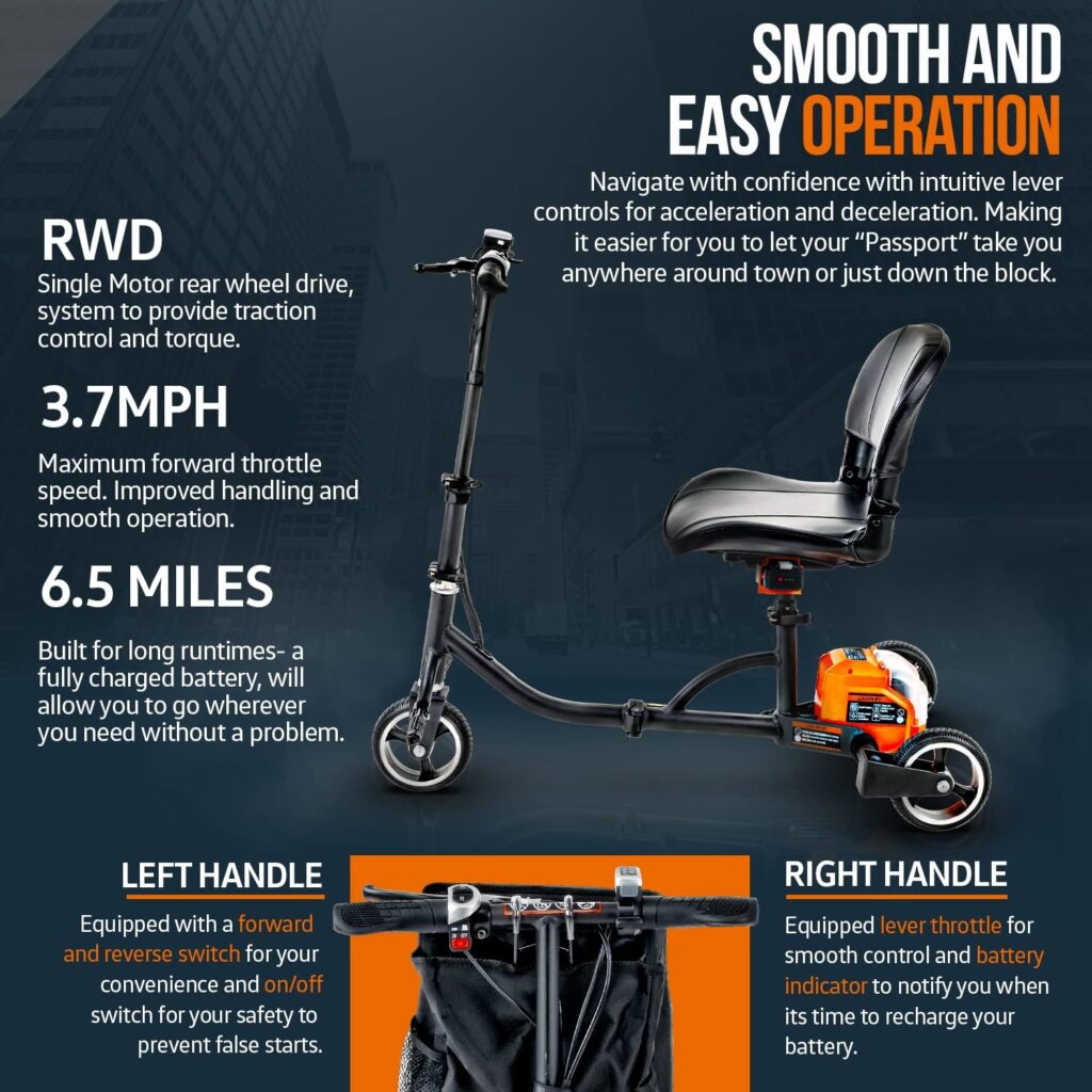 SuperHandy 3 Wheel Folding Mobility Scooter - Electric Powered, Lightest Available, Airline Friendly - Long Range Travel w/ 2 Detachable 48V Lithium-ion Batteries and Charger