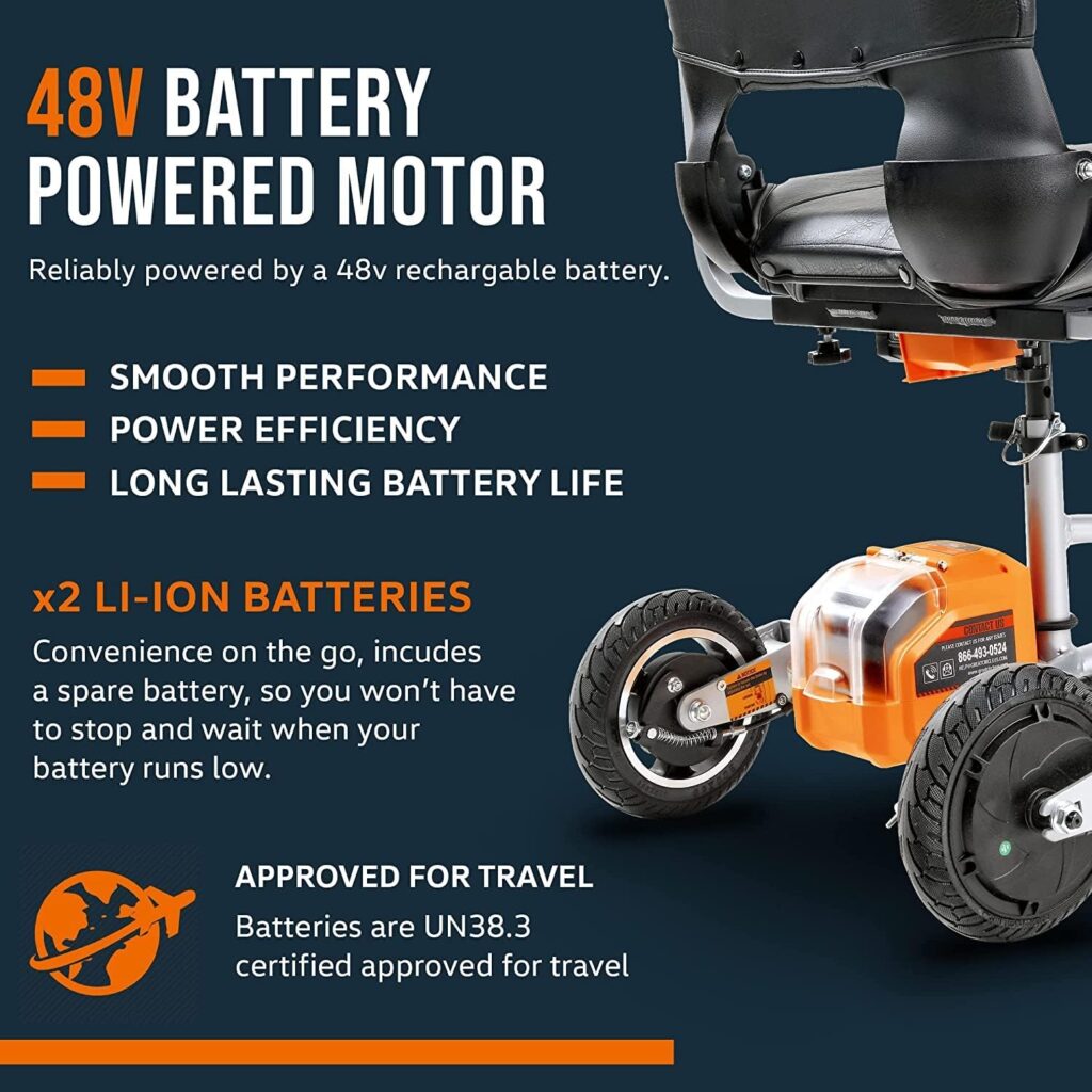 SuperHandy 3 Wheel Folding Mobility Scooter (Upgraded Design) - Electric Powered, Airline Friendly - Long Range Travel w/ 2 Detachable 48V Lithium-ion Batteries and Charger
