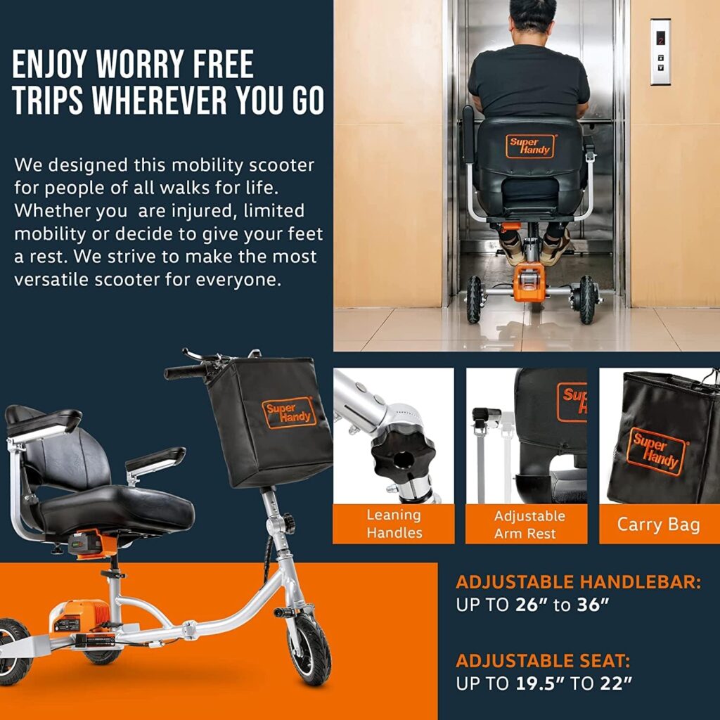 SuperHandy 3 Wheel Folding Mobility Scooter (Upgraded Design) - Electric Powered, Airline Friendly - Long Range Travel w/ 2 Detachable 48V Lithium-ion Batteries and Charger