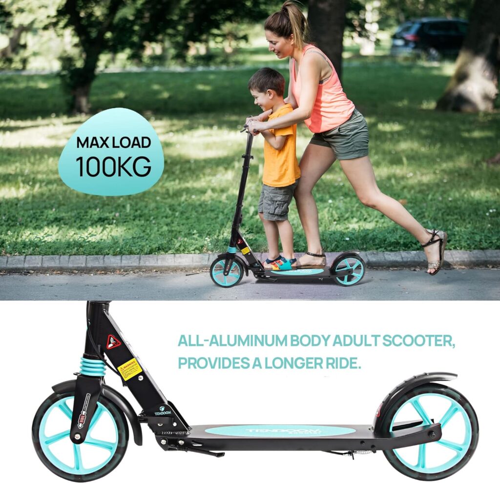 TENBOOM Scooter for Ages 8+ Teens and Adults Kick Scooter Foldable with Double Braking System Bells Adjustable Handlebars Kickstand Max Load 220 LBS 8 Big Wheels