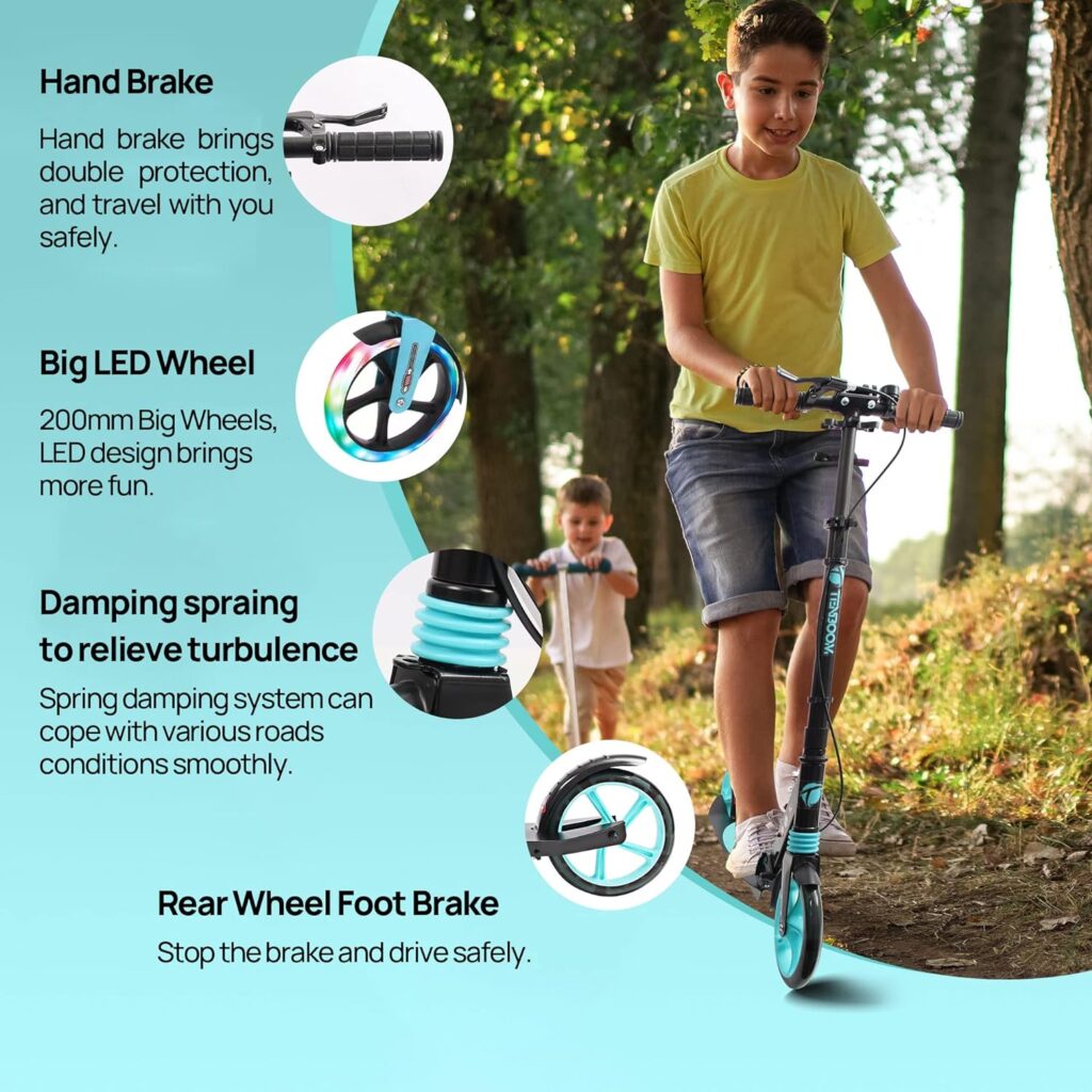 TENBOOM Scooter for Ages 8+ Teens and Adults Kick Scooter Foldable with Double Braking System Bells Adjustable Handlebars Kickstand Max Load 220 LBS 8 Big Wheels