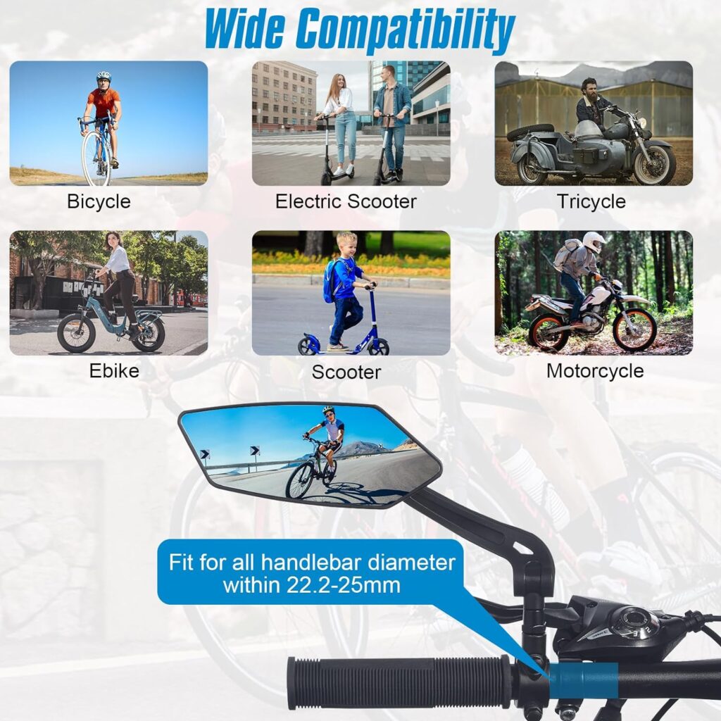 Zacro 2 Pack Bike Mirror, Bike Mirror Handlebar Mount, 360° Adjustable Safety Bicycle Rear View Mirror, Scratch Resistant Glass Lens, Fit for Mountain Bikes, City Road Bikes, E-bikes, Scooter