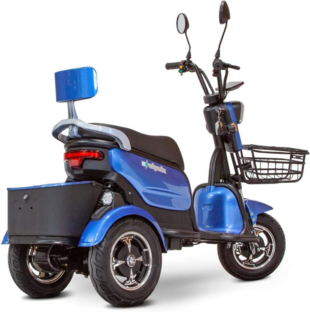 Deluxe Glider 3 Wheel Electric Mobility Scooter for Seniors  Adults, Long Range 40 Mile Driving Range, Electronic Remote, Key Fob,Digital Tablet Display Alarm System, Blue