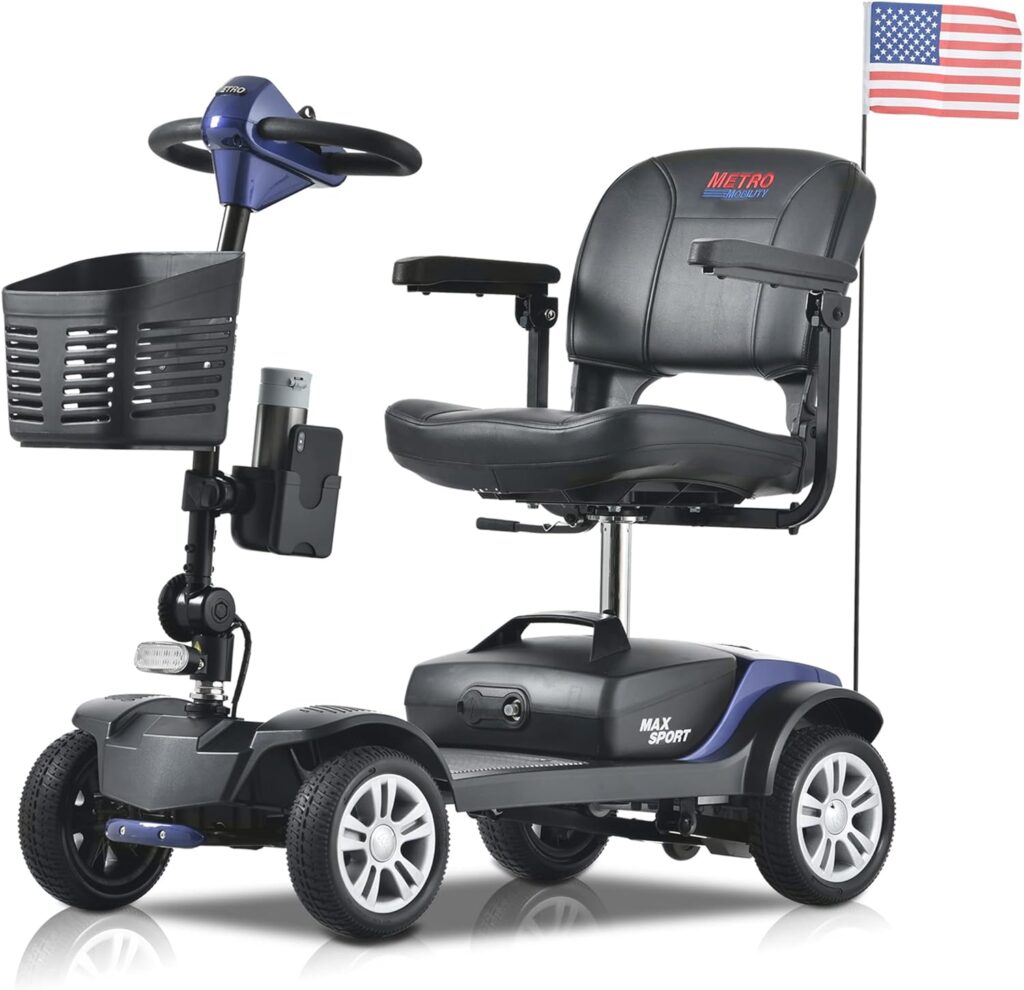Metro Mobility 4 Wheel Foldable Mobility Scooter for Adults - 300 lbs Capacity Powered Mobility Scooters for Senior, Travel - Long Range Power Extended Battery with Comfortable Larger Legroom - Blue