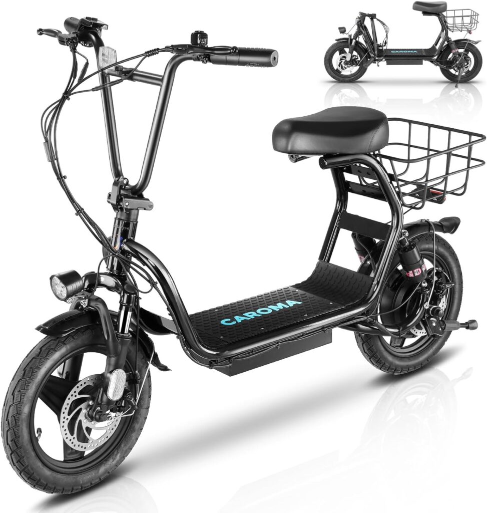 Caroma Electric Scooter with Seat, 500W(Peak 819W),48V Battery, 20 MPH25 Miles,14 Tire Electric Bike, Electric Scooter for Commuting, Multiple Shock Absorption, Foldable Adult Electric Bicycles