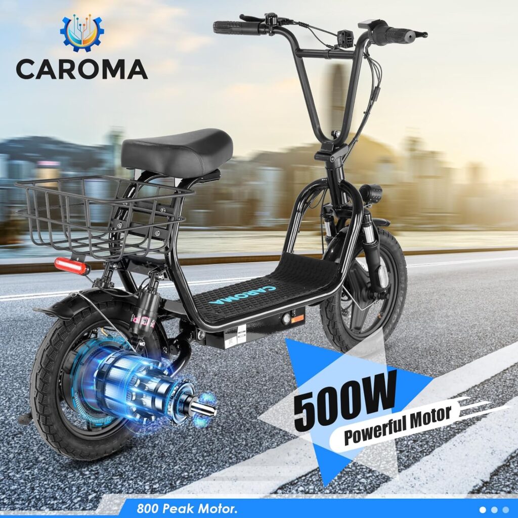Caroma Electric Scooter with Seat, 500W(Peak 819W),48V Battery, 20 MPH25 Miles,14 Tire Electric Bike, Electric Scooter for Commuting, Multiple Shock Absorption, Foldable Adult Electric Bicycles