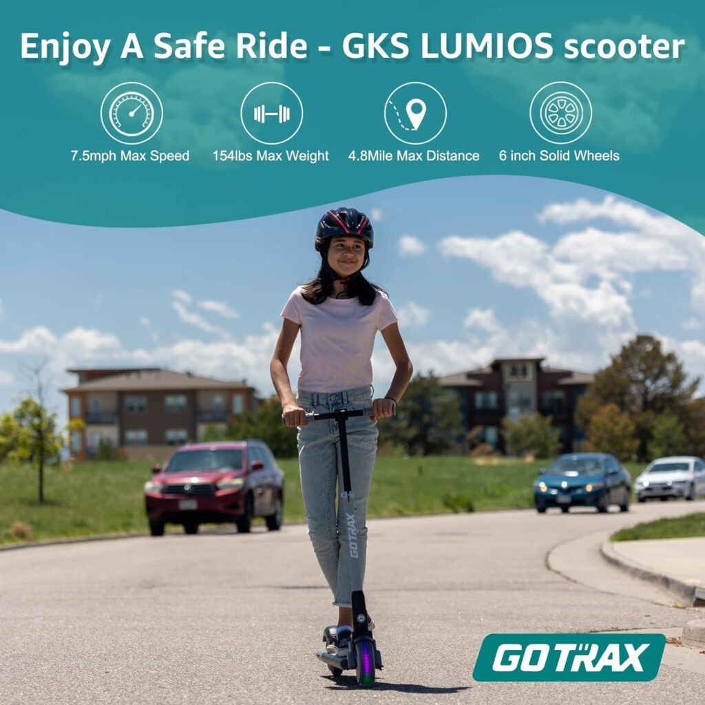Gotrax GKS Lumios Electric Scooter for Kids Age 6-12, Max 6.25 Mile and 7.5Mph Speed, 6 Flash Front Wheel and 3 Adjustable Height, UL2272 Certified Approved and Lightweight Aluminum Frame for Kid