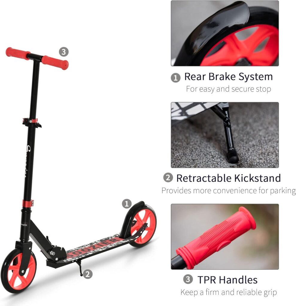 Soozier Kick Scooter for 12 Years and Up, Folding Scooter with Height Adjustable Handlebar, Big Wheels and Rear Wheel Brake