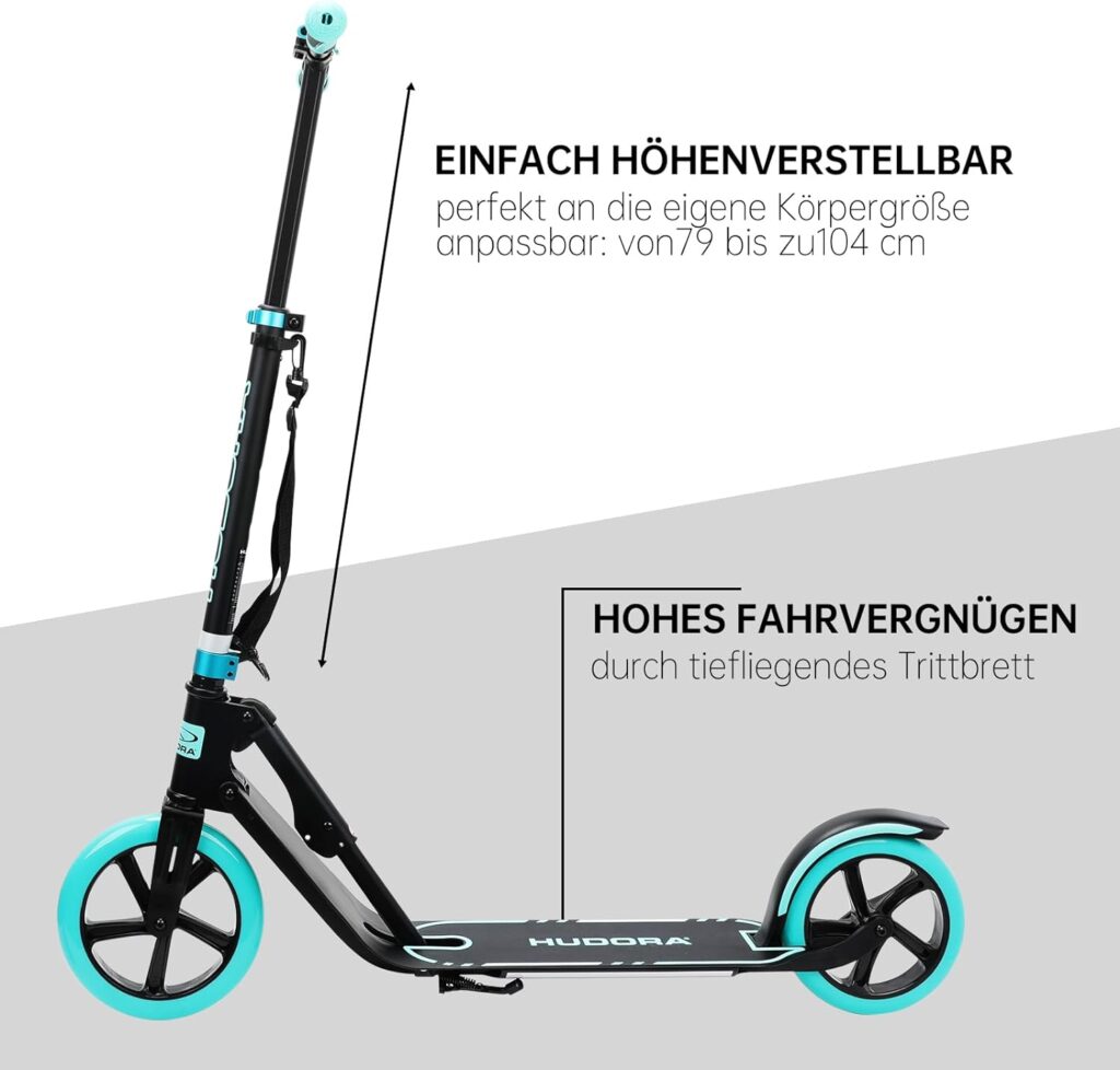 Hudora Scooter for Adults - Folding Adult Scooters Adjustable Height, Scooters for Teens 12 Years and up, Kick Scooter for Outdoor Use, Lightweight Durable All-Aluminum Frame