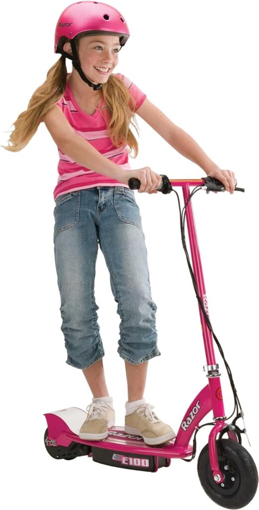 Razor E100 Electric Scooter for Kids Ages 8+ - 8 Pneumatic Front Tire, Hand-Operated Front Brake, Up to 10 Mph and 40 Min of Ride Time, for Riders Up to 120 Lbs
