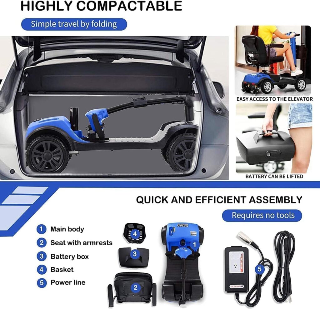 Folding Mobility Scooter for Seniors 4 Wheel Scooter for Adults Electric Medical Scooter Compact for Travel - Electric Powered Wheelchair Device - Compact Heavy Duty Mobile (Light Blue)