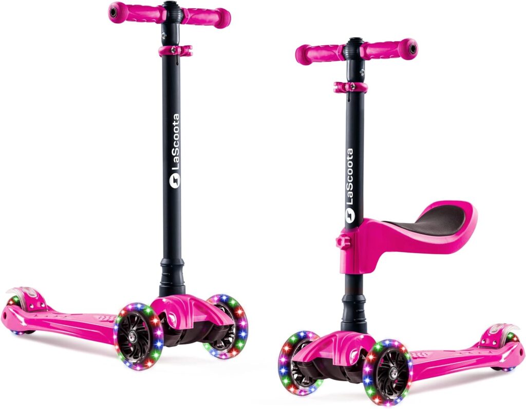 LaScoota 2-in-1 Kids Kick Scooter, Adjustable Height Handlebars and Removable Seat, 3 LED Lighted Wheels and Anti-Slip Deck, for Boys  Girls Aged 3-12 and up to 100 Lbs.