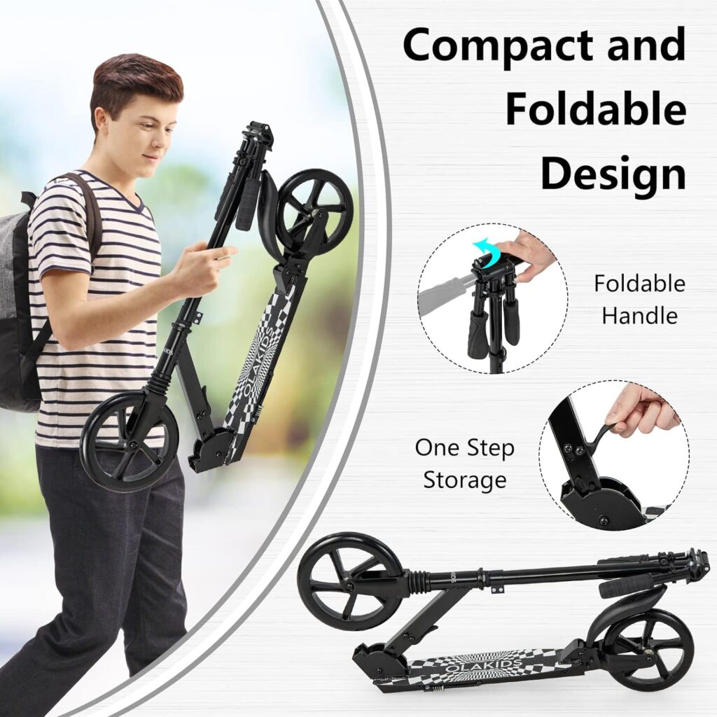 OLAKIDS Kick Scooter for Adults Teens, Big Wheels Foldable Scooter Ages 10+ Kids Youth, 34’’-44’’ Adjustable Handlebar, Lightweight Aluminum Frame Up to 220lbs Kickstand Spring Suspension
