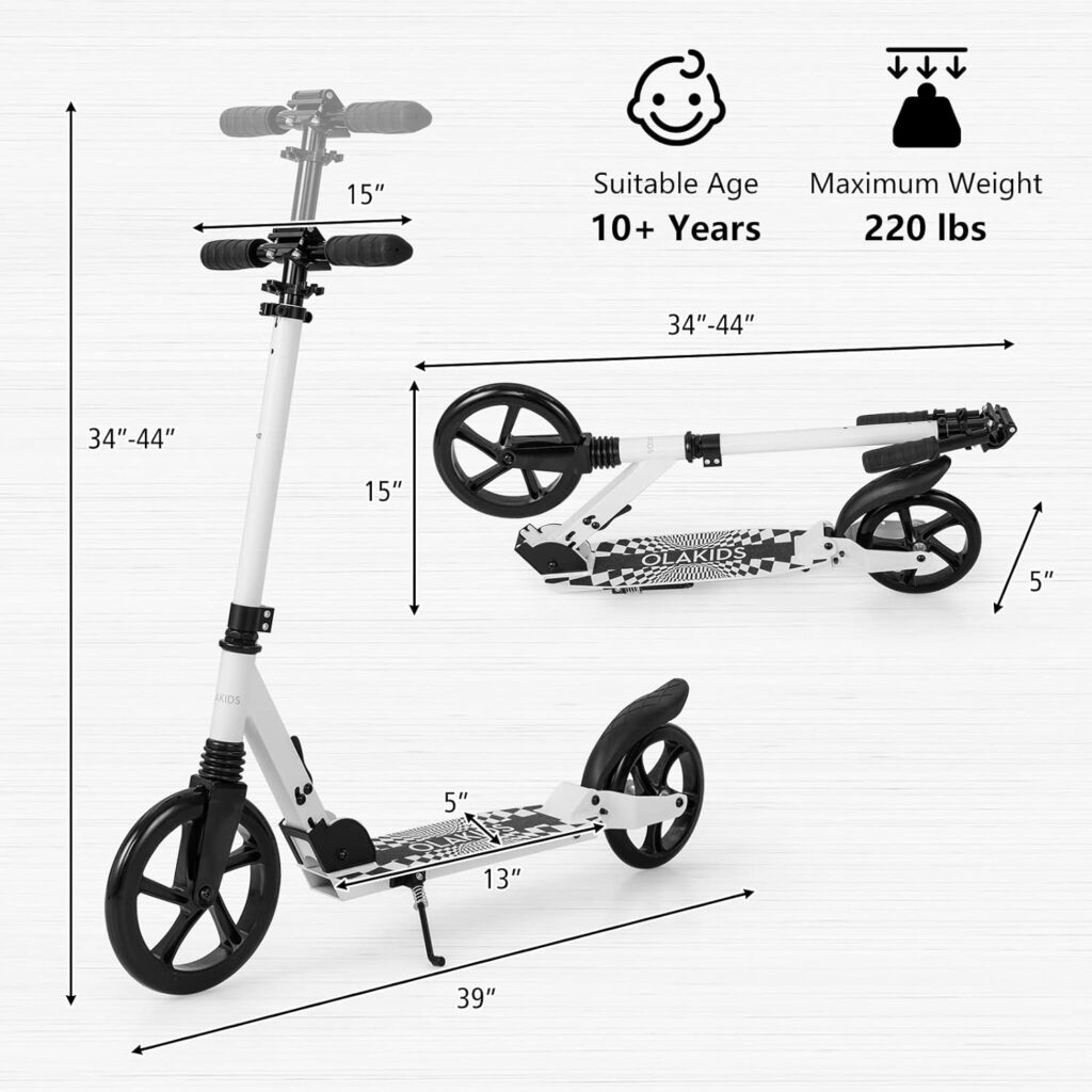 OLAKIDS Kick Scooter for Adults Teens, Big Wheels Foldable Scooter Ages 10+ Kids Youth, 34’’-44’’ Adjustable Handlebar, Lightweight Aluminum Frame Up to 220lbs Kickstand Spring Suspension