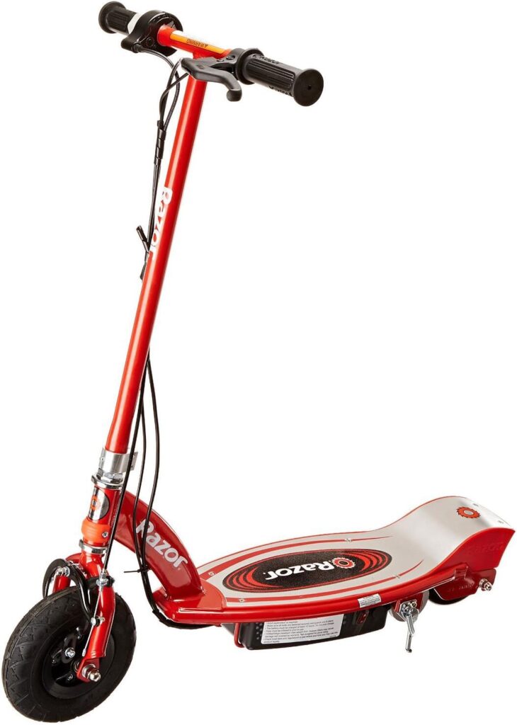 Razor E100 Electric Scooter for Kids Ages 8+ - 8 Pneumatic Front Tire, Hand-Operated Front Brake, Up to 10 Mph and 40 Min of Ride Time, for Riders Up to 120 Lbs