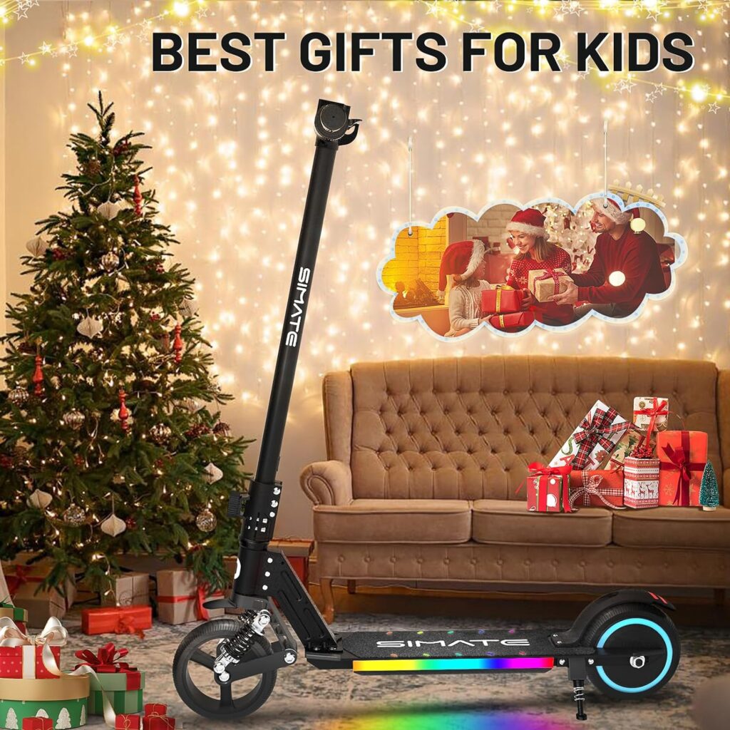 SIMATE Electric Scooter for Kids, Pro E-Scooters with White Front Light and Colorful Body Lights, LED Display  Foldable, Top 8.7mph  5 Miles Range Power by 130W Motor, Gifts for Kids, Teens