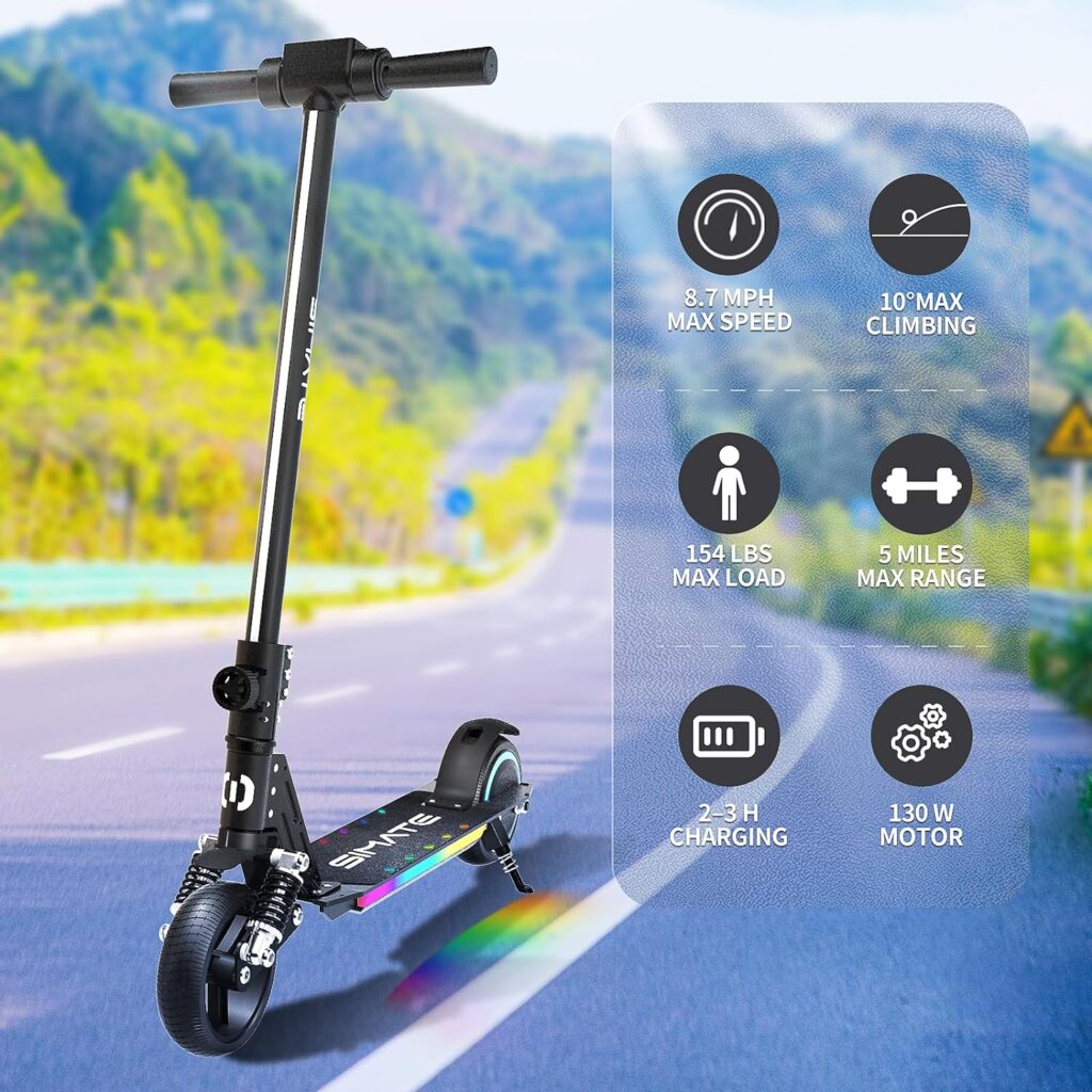 SIMATE Electric Scooter for Kids, Pro E-Scooters with White Front Light and Colorful Body Lights, LED Display  Foldable, Top 8.7mph  5 Miles Range Power by 130W Motor, Gifts for Kids, Teens